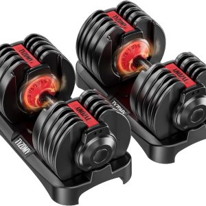 TYZDMY Adjustable Dumbbells Pair, 15-in-1 5-52.5LBS Per Dumbbell Total 105LBS, Quick Rotate Adjustment Double Auto-Lock Safety System Non-Slip Rubber Grip with Storage Base for Home Gym Strength Training Men Women