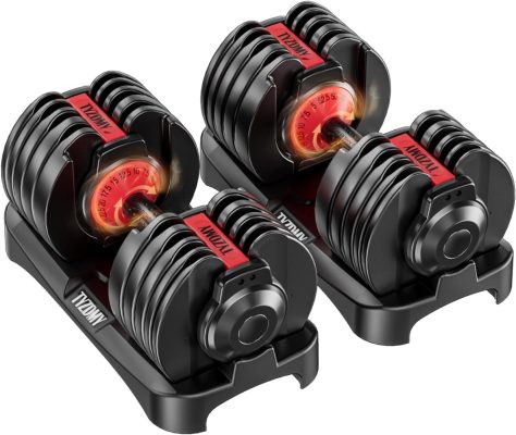 TYZDMY Adjustable Dumbbells Pair, 15-in-1 5-52.5LBS Per Dumbbell Total 105LBS, Quick Rotate Adjustment Double Auto-Lock Safety System Non-Slip Rubber Grip with Storage Base for Home Gym Strength Training Men Women
